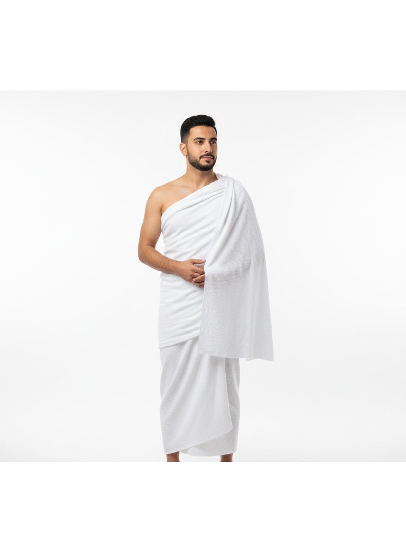 Rahma Collections Men's Premium Microfiber Hajj & Umrah Ihram Set | White Color Ehram Towels 110x215 cm, 2-Piece Non-Stitched, Quick-Dry Ultra-Breathable Fabric, Designed for Comfortable Pilgrimage , Hajj/Umrah Essential - Image 1